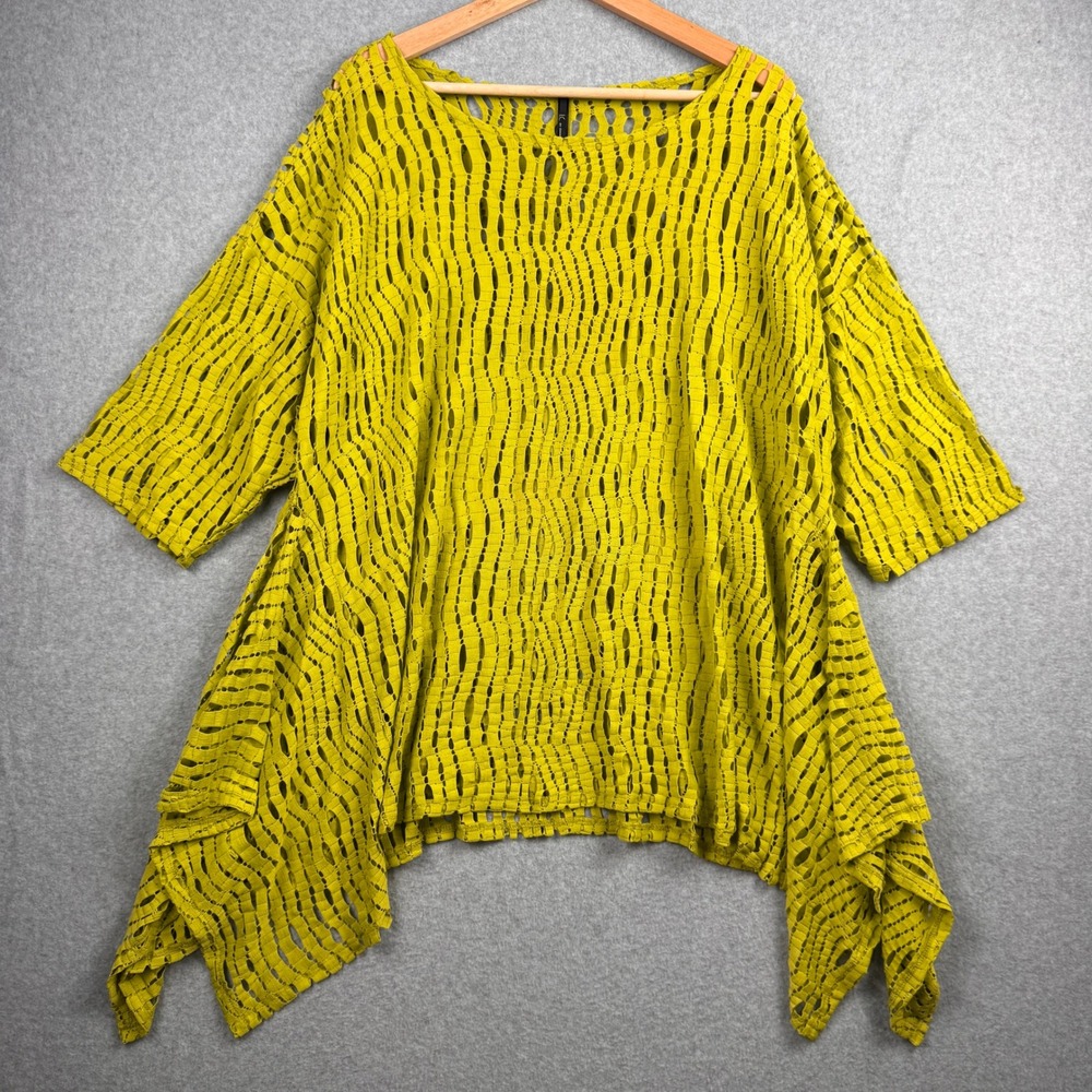 IC by Connie K Tunic Womens XL Chartreuse Green Sharkbite Open Knit Mesh Artsy